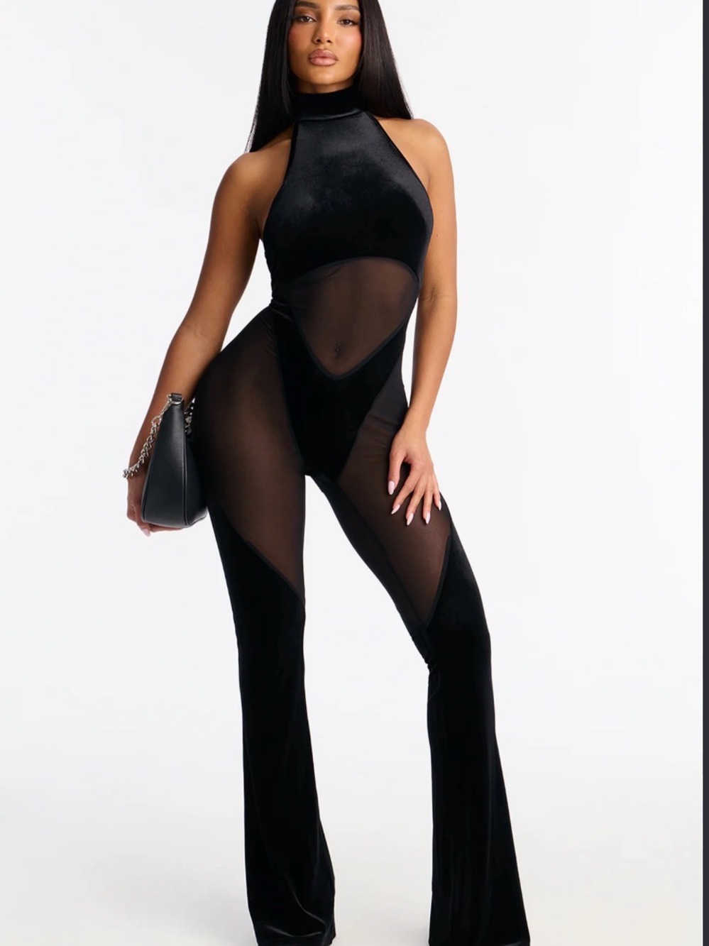 Source Unknown Black & sheer Velvet Halter Jumpsuit XL
